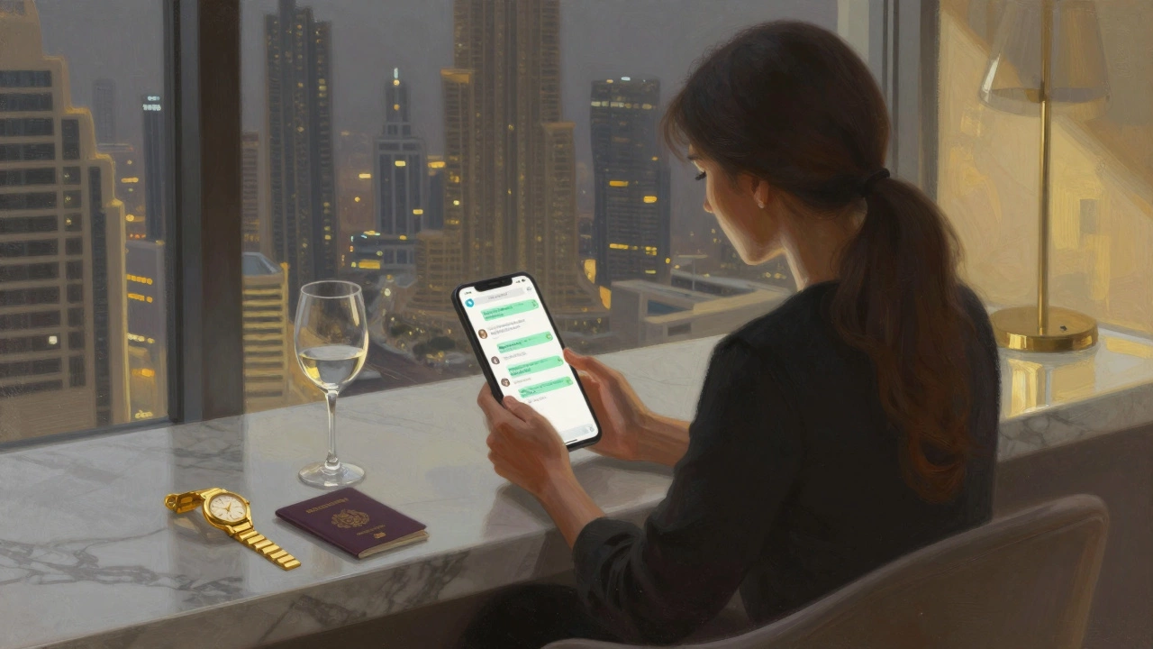 A woman in a sleek apartment studies an encrypted message on her phone, luxury items around her, soft lamplight glowing.