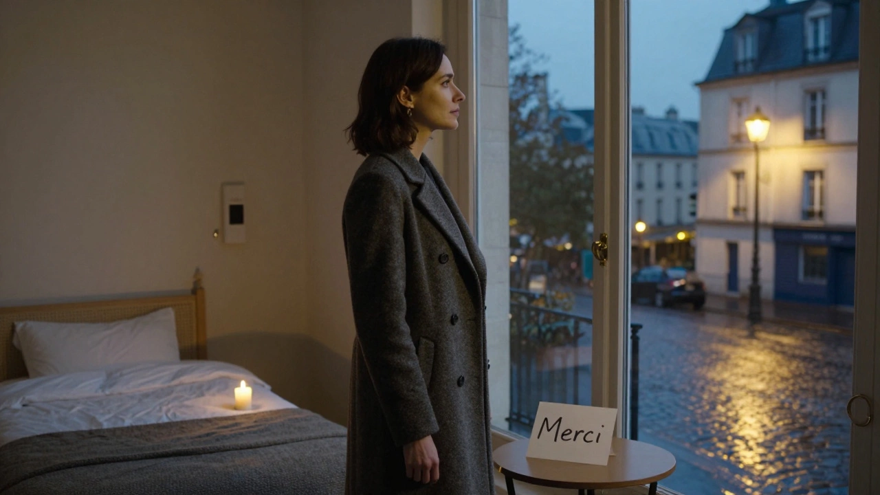 A woman stands by a window in Montmartre at dusk, gazing at the city, surrounded by quiet signs of a personal space.