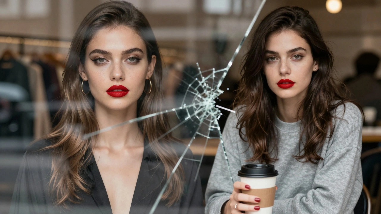 Two faces of the same woman—one in fashion, one in everyday life—blended by a veil of shattered glass.