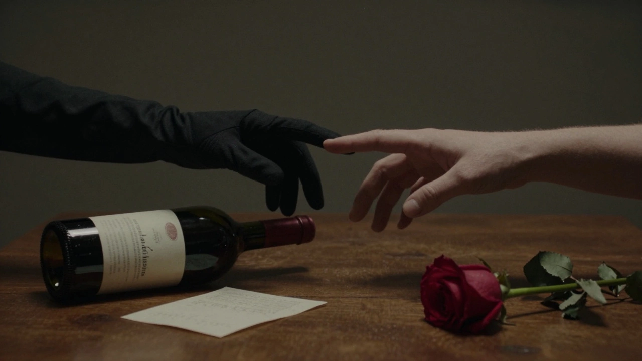 Two hands nearly touch in the dark beside a spilled wine bottle and a rose, symbolizing an unspoken emotional moment.